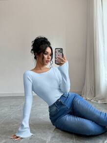 Selianne Fashionable & Elegant Raglan Sleeve Versatile Flared Sleeve Fitted Women Sweater - Blue - View 7