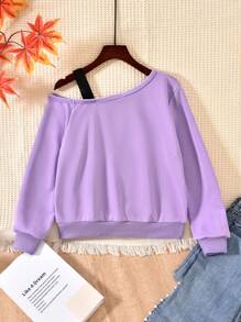 SHEIN Áo nỉ cổ bất đối xứng in hình chân dung thường ngày cho bé gái tuổi teen, mùa thu - Màu tím - Xem 2