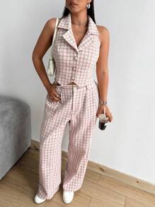 Flirla Plus Size Autumn/Winter Sleeveless Open Front Button Chunky Knit Pinkish White Contrast Color Vest And Pants Casual Work Party Date Elegant Suit Set - Pink - View 8