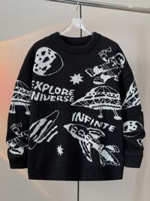 SHEIN Teen Boys' Casual Black & White Astronaut, Spaceship, UFO, Rocket, Moon Print Crew Neck Long Sleeve Sweater, Suitable For Autumn, Winter, Warmth, School, Home, Daily, Sports, Versatile, Layering - Black - View 3
