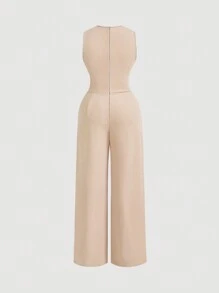 SHEIN MOD Mono de pierna ancha con cremallera, sin mangas, de unicolor y con envoltorio retro para la cintura para mujeres de talla grande