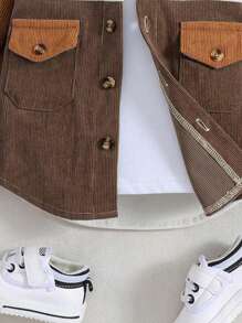 SHEIN Áo trùm đầu vá ba màu mùa thu cho bé trai, phong cách thể thao đường phố giản dị, thích hợp cho các buổi đi chơi, nghỉ dưỡng, tiệc tùng và ngày lễ - Cà phê nâu - Xem 4