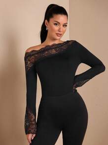 SHEIN BAE 1 件女式纯黑色性感优雅不对称蕾丝拼接露肩长喇叭袖紧身衣，适合秋冬季分层穿着，针织保暖性感，适合外出、浪漫约会、派对 - 黑色 - 查看 9