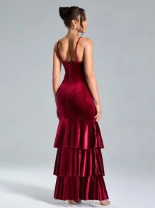 SHEIN Belle Váy dạ hội thời trang mùa thu đông cho nữ, váy nhung co giãn ba lớp bèo nhún cỡ lớn màu đỏ tía, váy dạ hội trang trọng cho nữ, thiết kế xếp nếp ba lớp tạo cảm giác thời trang và vui tươi, thích hợp cho tiệc tối và Giáng sinh, váy dạ hội thanh lịch, cho khách dự tiệc cưới, tốt nghiệp, tiệc tối - Màu Đỏ Sâu - Xem 2