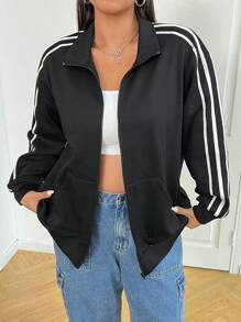 SHEIN EZwear Áo khoác hoodie đen chắp vá tay áo cỡ lớn cho nữ - màu đen - Xem 1