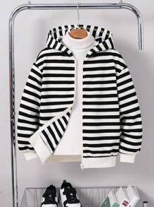 儿童/青少年男孩休闲条纹连帽运动衫长袖宽松针织运动衫，适合学校、花园、海滩、生日、春季、夏季、秋季和冬季 - 彩色 - 查看 1