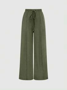 Franclia 2pcs Setelan Wanita Musim Gugur Warna Polos Kerah Persegi Lengan Panjang Bodysuit dan Celana Lebar, Set Pakaian Kasual Longgar untuk Musim Gugur - Hijau Tentara - View 7