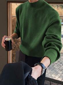 Claim Dot Men's Casual Minimalist Solid Color Half-Turtleneck Knitted Sweater, Autumn/Winter, Men Green Sweater, Men Pullover Sweater, Men Knit Sweater, Men Mock Neck Sweater, Men Ribbed Sweater - Green - View 1