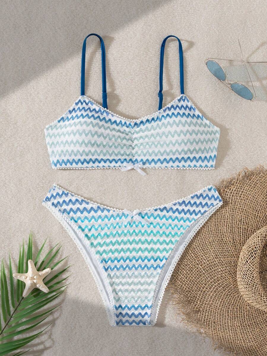 SHEIN Swim Women Holiday Beach Gradient Wave Spaghetti Strap Bikini Set, Sweet & Cute For Summer Beach - Multicolor - View 1