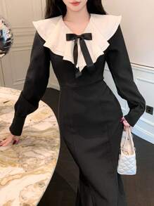 DAZY Color Block Ruffle Collar Bow Decor Women's Midi Dress, Birthday ,New Year Eve Prom Dress,Fall Clothes - Black - View 4