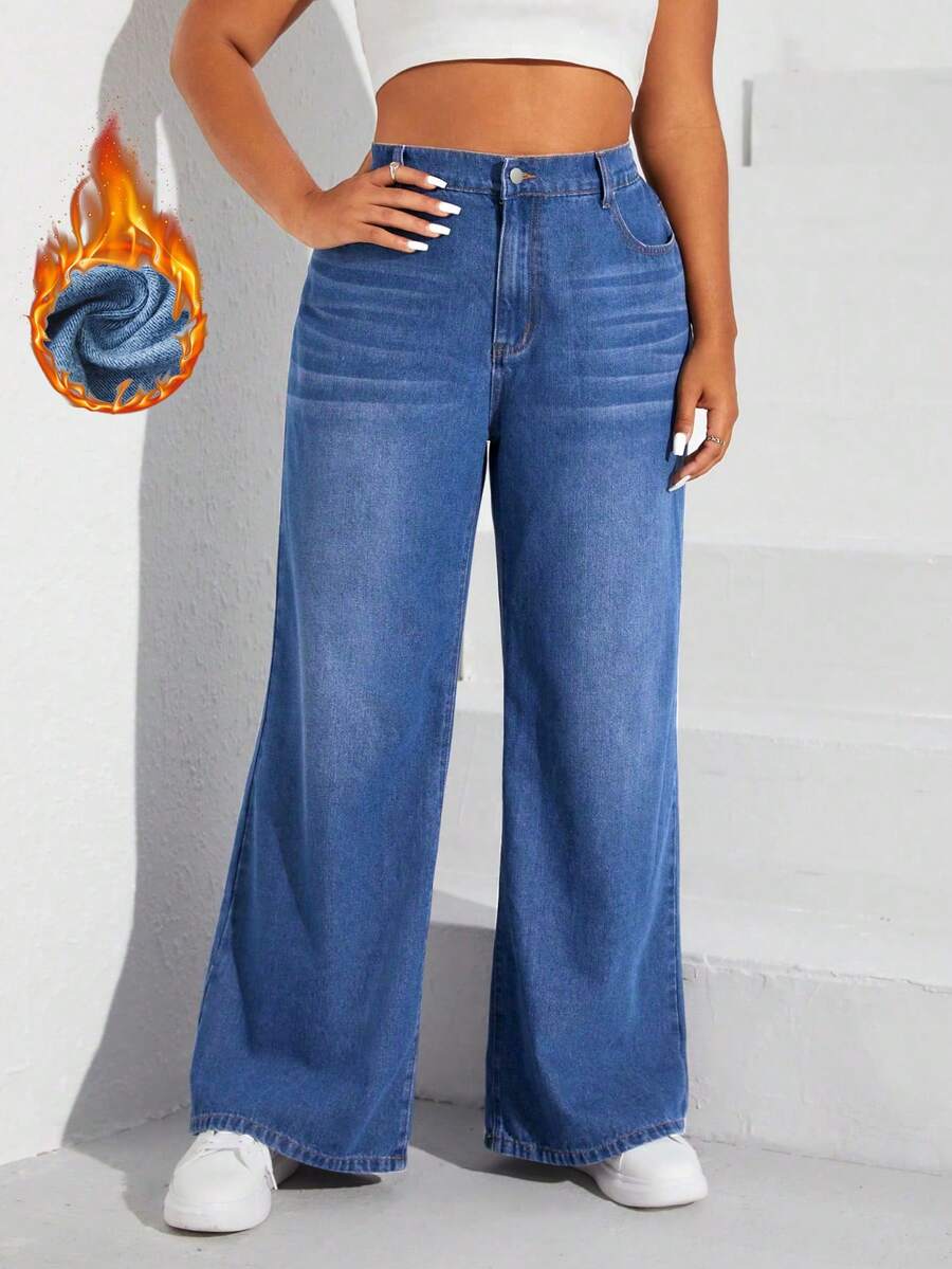 SHEIN EZwear Quần jeans ống đứng màu xanh lam không co giãn cho nữ cỡ lớn, mùa thu/đông - Màu xanh lam - Xem 1