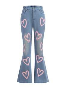 2pcs/Set Teen Girls Y2K Style Pink Ribbed Knit Collared Long Sleeve Cropped Top & Denim Flared Pants With Elastic Heart Print - Multicolor - View 3