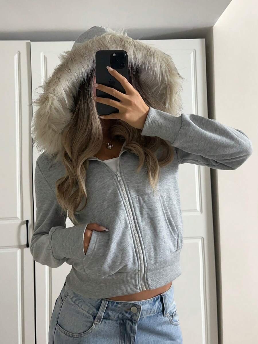 SHEIN Tween Girl Colorblock Fuzzy Decor Hooded Zip-Up Sweatshirt , Winter , Graduation Long Sleeve Top, Back To School, Faux Fur Collar Mommy And Me Matching Sets (2 Pieces Sold Separately) Grey - Grey - View 1