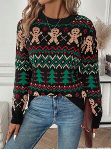 EMERY ROSE Christmas Women Crew Neck Long Sleeve Graphic Detail Simple Casual Sweater Knit Pullover Fall Winter - Black - View 3
