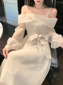 DAZY Women's Off Shoulder Solid Color Mid-Length Mesh Dress,Elegant Beige Autumn Party Prom Dress,Long Sleeve Birthday New Year Eve Back To School Clothes - Beige - View 6