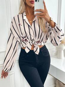 SHEIN LUNE Koszula damska w paski i kwiaty, luźna, z odkrytymi ramionami i guzikami z przodu, na wiosnę i jesień