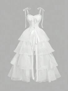 SHEIN MOD 复古白色华丽二合一连衣裙，带可拆卸多条下摆 - 宫廷风格、生日、秋季婚礼宾客、茶会礼服、狂欢节礼服 - 白色 - 查看 1