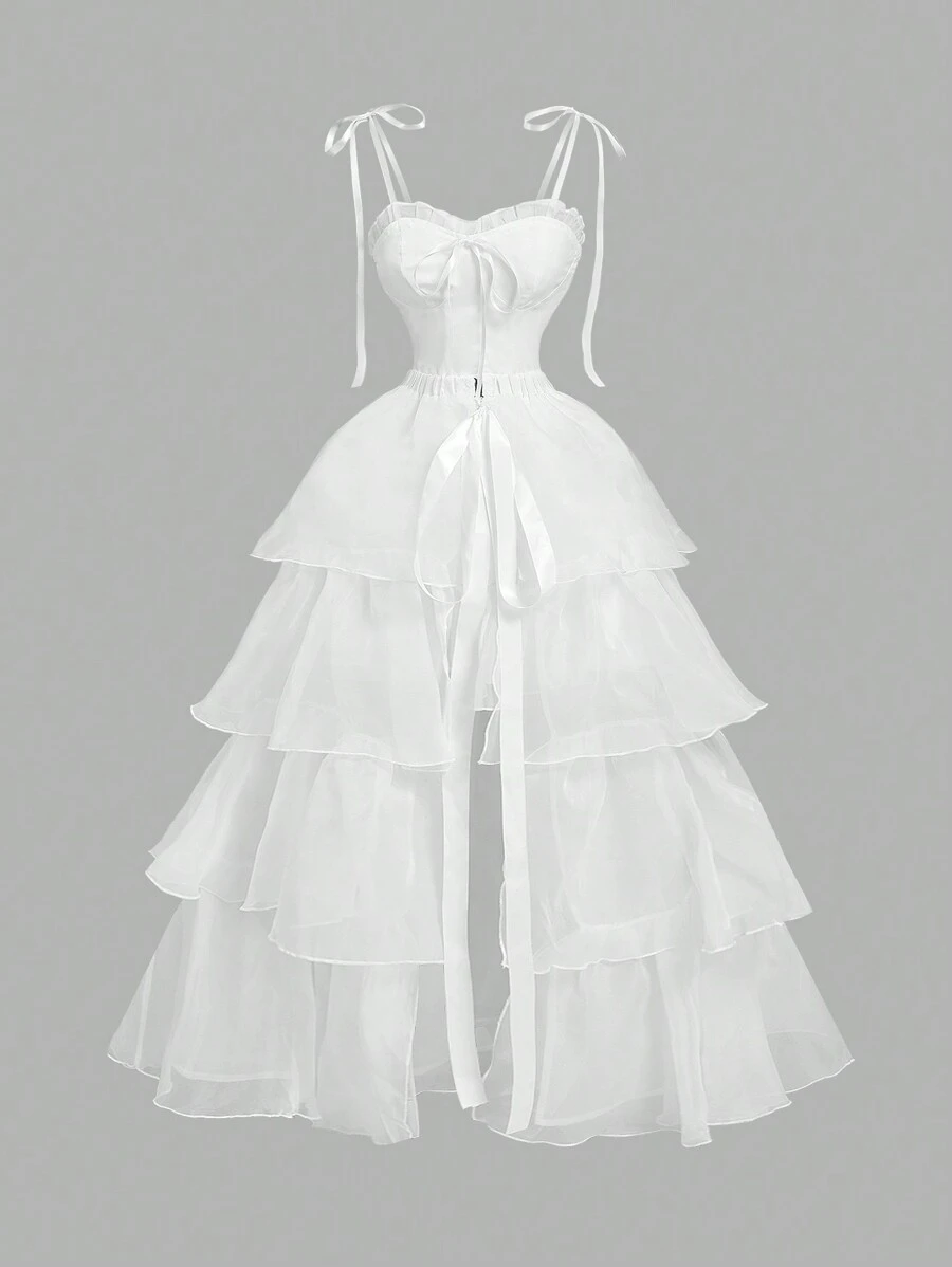 SHEIN MOD 复古白色华丽二合一连衣裙，带可拆卸多条下摆 - 宫廷风格、生日、秋季婚礼宾客、茶会礼服、狂欢节礼服 - 白色 - 查看 1