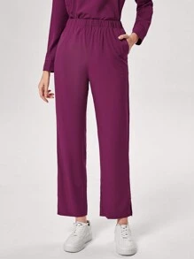 TaskEZ 2 件套女式纯色圆领长袖口袋上衣和裤子护士服套装