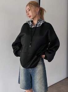 DAZY Áo nỉ nỉ kẻ caro dáng rộng thoải mái mới cho nữ mùa thu - màu đen - Xem 3