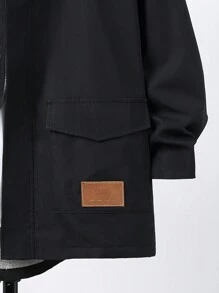 SHEIN Leap Crew 1 件青少年男童休闲百搭舒适长款宽松保暖内衬连帽衫带贴片，适合秋冬季户外穿着 - 黑色 - 查看 3
