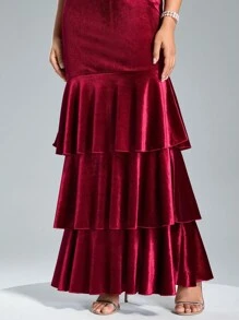 SHEIN Belle Váy dạ hội thời trang mùa thu đông cho nữ, váy nhung co giãn ba lớp bèo nhún cỡ lớn màu đỏ tía, váy dạ hội trang trọng cho nữ, thiết kế xếp nếp ba lớp tạo cảm giác thời trang và vui tươi, thích hợp cho tiệc tối và Giáng sinh, váy dạ hội thanh lịch, cho khách dự tiệc cưới, tốt nghiệp, tiệc tối - Màu Đỏ Sâu - Xem 7