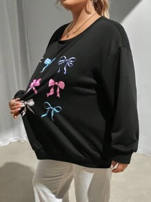 SHEIN CURVE+ Plus Size Black Sweatshirt With Butterfly Print And Bowknot - Black - View 3