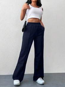 EURMUSE 100%Cotton Women's Casual Solid Color Flared Sweatpants - Navy Blue - View 3