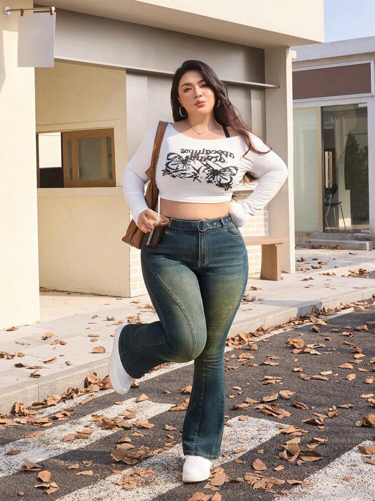 SHEIN EZwear Plus Size Women Pocketed Skinny Flare Leg Casual Jeans - Blue - View 5
