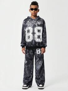 SHEIN Bộ 2 món cho bé trai tuổi teen, gồm áo hoodie và quần nỉ in hình. - màu đen - Xem 7