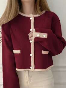 DAZY Cárdigan ajustado de cuello redondo acanalado con bloques de color, para la temporada navideña, otoño, vacaciones, con mangas largas, ropa de mujer de otoño