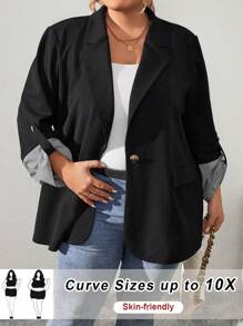 SHEIN CURVE+ Curve Plus Roll Tab Sleeve Single Button Blazer - Black - View 3