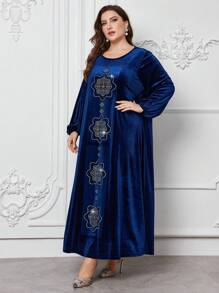 SHEIN Najma Hot Diamond Long-Sleeved Gorgeous Velvet Solid Color Plus Size Arabian Robe - Navy Blue - View 5