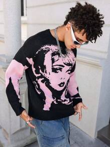 Manfinity Roghcode Men's Casual Portrait Pattern Loose Drop Shoulder Sweater, Suitable For Autumn/Winter Everyday Wear - Multicolor - View 6