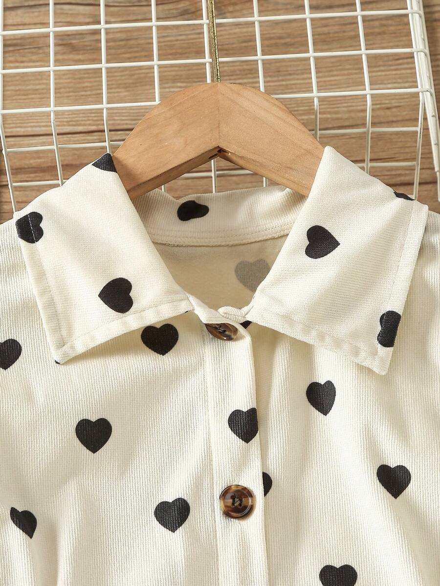 1pc Tween Girls Corduroy Heart Print Waist Defined Long Sleeve Shirt