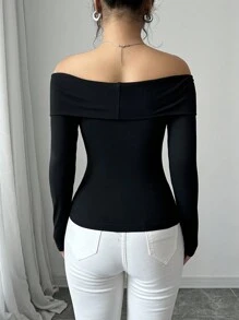 Elenzga 1pc Women Off-Shoulder Elegant Beaded Decor Top, Suitable For Autumn/Winter