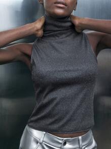 Maija 女式温暖灰色金属条纹高领针织背心，秋冬款 - 灰色 - 查看 2