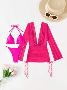 SHEIN Swim Summer Beach Solid Halter Triangle Bikini Set With Cover Up