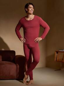 Solid Color Men 2pcs Warm Outfit - Round Neck Long Sleeve Top And Long Pants Set