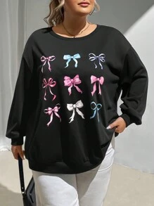 SHEIN CURVE+ Plus Size Black Sweatshirt With Butterfly Print And Bowknot - Black - View 5