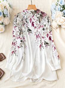 SHEIN LUNE Áo sơ mi tay dài thanh lịch in hoa cỡ lớn cài nút phía trước - Bụi tím - Xem 2