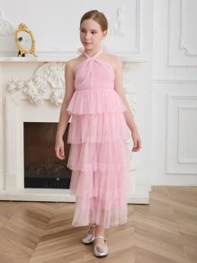 SHEIN Summer Elegant Flower Girl Birthday Party,Masquerade,Prom,Wedding - Pink - View 3