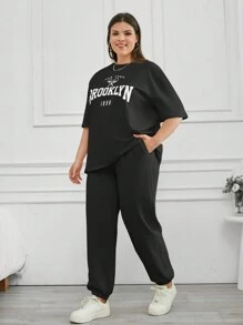 SHEIN Cottnline 100%Cotton Cottonline Solid Color Printed T-Shirt & Sweatpants - Black - View 6