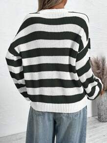 Calvaya 大码圆领长袖条纹毛衣，适合日常休闲穿着，针织套头衫，秋冬季款 - 黑與白 - 查看 2