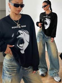 SHEIN EZwear Women Round Neck Long Sleeve Letter & Figure Print Casual T-Shirt For Christmas