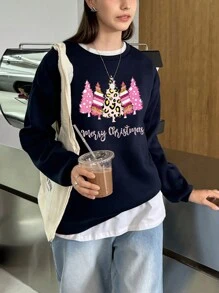 INAWLY 圣诞印花落肩套头卫衣，秋季卫衣 - 寶藍色 - 查看 1