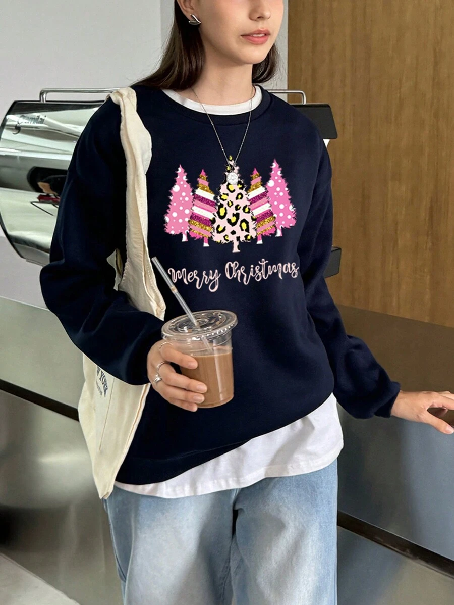 INAWLY 圣诞印花落肩套头卫衣，秋季卫衣 - 寶藍色 - 查看 1