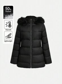 SHEIN Essnce 女士冬季休闲纯色毛领连帽羽绒夹克