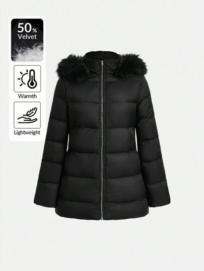 SHEIN Essnce 女士冬季休闲纯色毛领连帽羽绒夹克