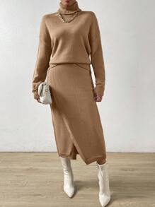 Chiquease 2 stuks/set dames effen kleur hoge hals drop schouder lange mouw trui & wikkel zoom gebreide rok casual outfit, herfst/winter